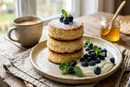 Творожные оладьи с яблоками и корицей на сковороде
