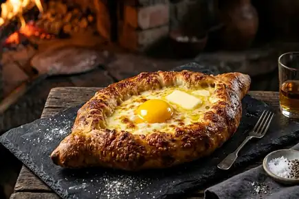 Круглый имеретинский хачапури с сыром внутри и снаружи